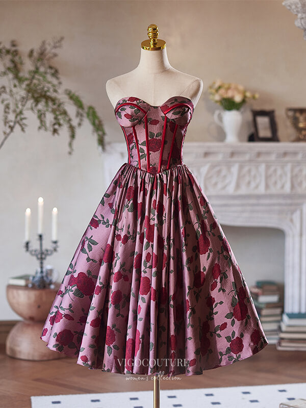 Burgundy Floral Print Satin Homecoming Dress Strapless Tea-Length Dress hc332