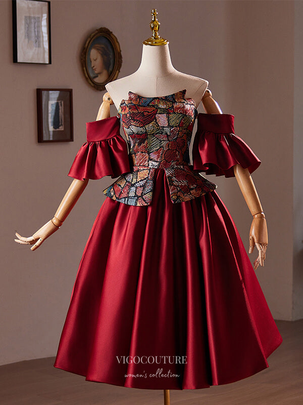 Burgundy Jacquard Satin Homecoming Dress Puffed Sleeve Back to School vigocouture Burgundy Jacquard Satin Homecoming Dress Puffed Sleeve Back to School vigocouture
