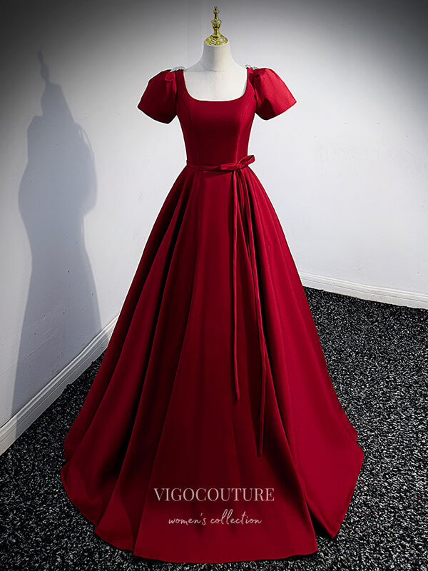 Burgundy Satin Puffed Sleeve Prom Dress Beaded String Formal Dresses 21336 Burgundy / US16 Burgundy Satin Puffed Sleeve Prom Dress Beaded String Formal Dresses 21336 Burgundy / US16