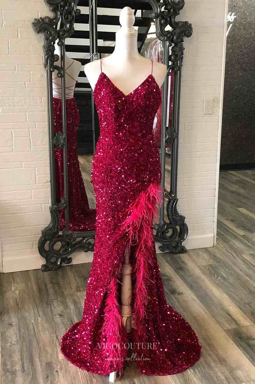 Burgundy Sequin Mermaid Cheap Prom Dresses with Feather Slit Spaghetti vigocouture Burgundy Sequin Mermaid Cheap Prom Dresses with Feather Slit Spaghetti vigocouture