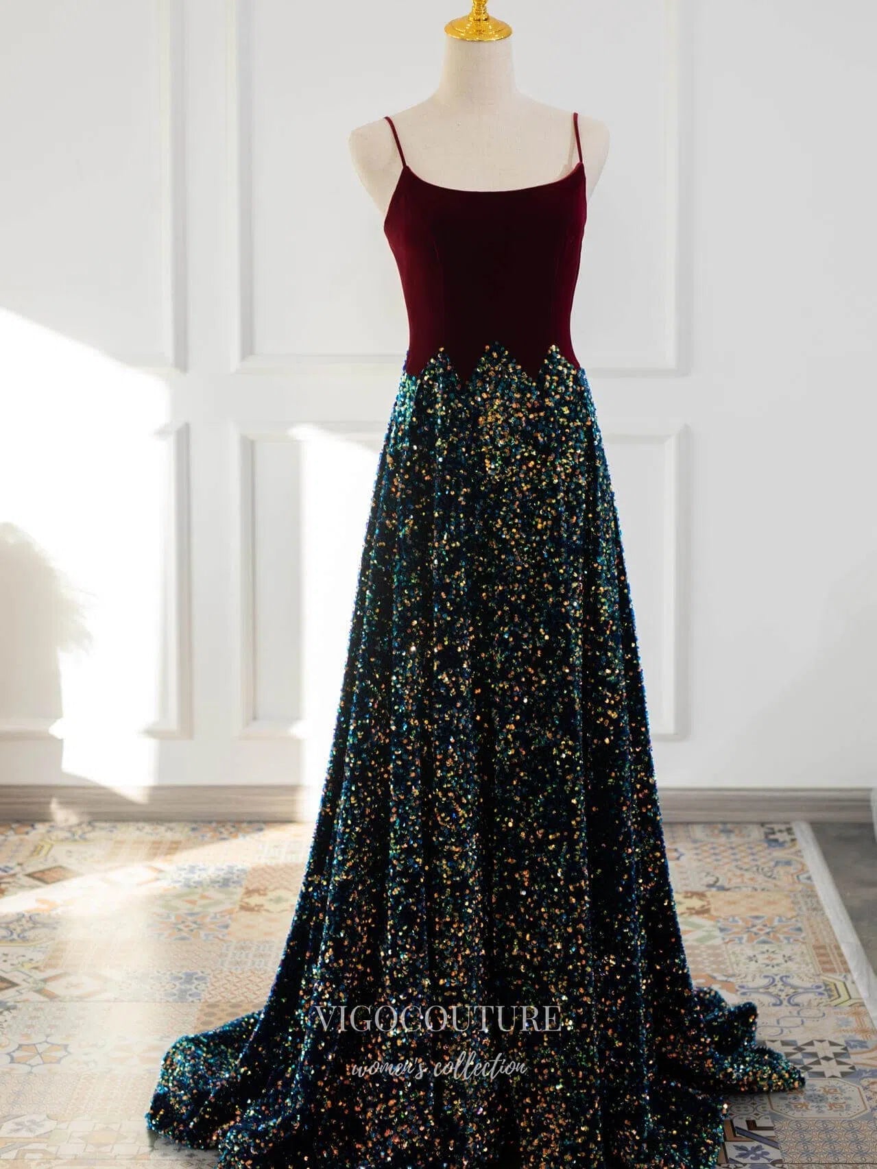 Burgundy Velvet Spaghetti Strap Prom Dresses 2025 Sequin Evening Dress vigocouture Burgundy Velvet Spaghetti Strap Prom Dresses 2025 Sequin Evening Dress vigocouture