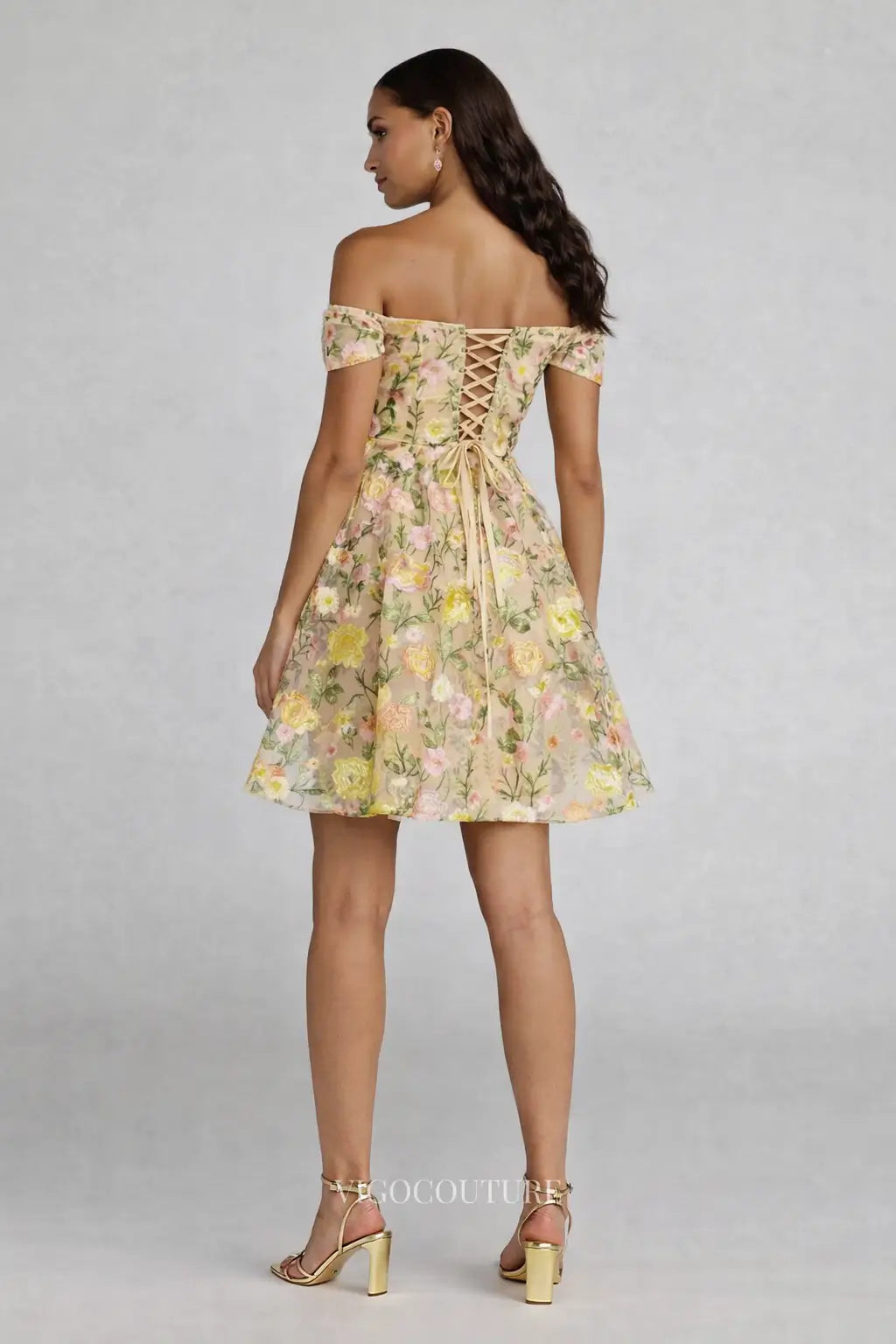 Prom Dresses 2025 to impress Butter Yellow Floral Homecoming Dress with Sweetheart Neck & Off-Shoulder Sleeves - VG016-vigocouture-vigocouture