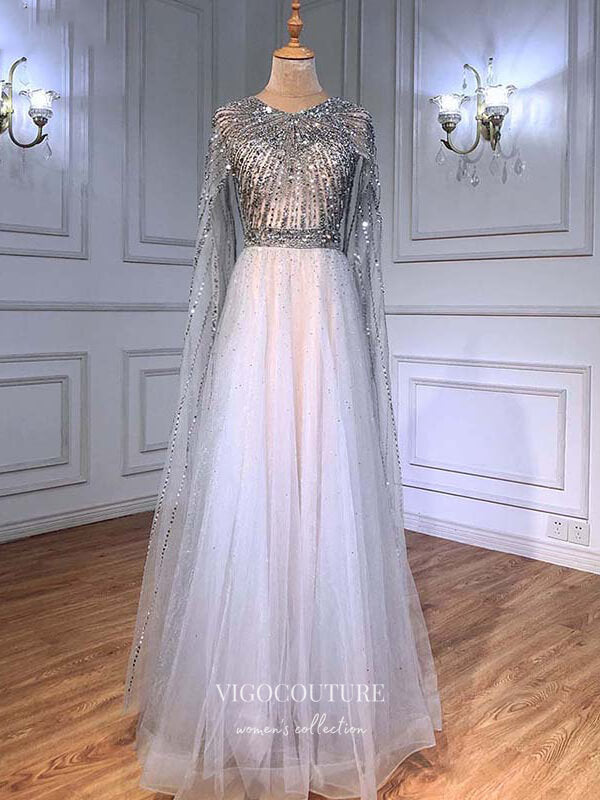 Cape Sleeve Formal Dresses Beaded Evening Dresses 21525 Silver / US14 Cape Sleeve Formal Dresses Beaded Evening Dresses 21525 Silver / US14