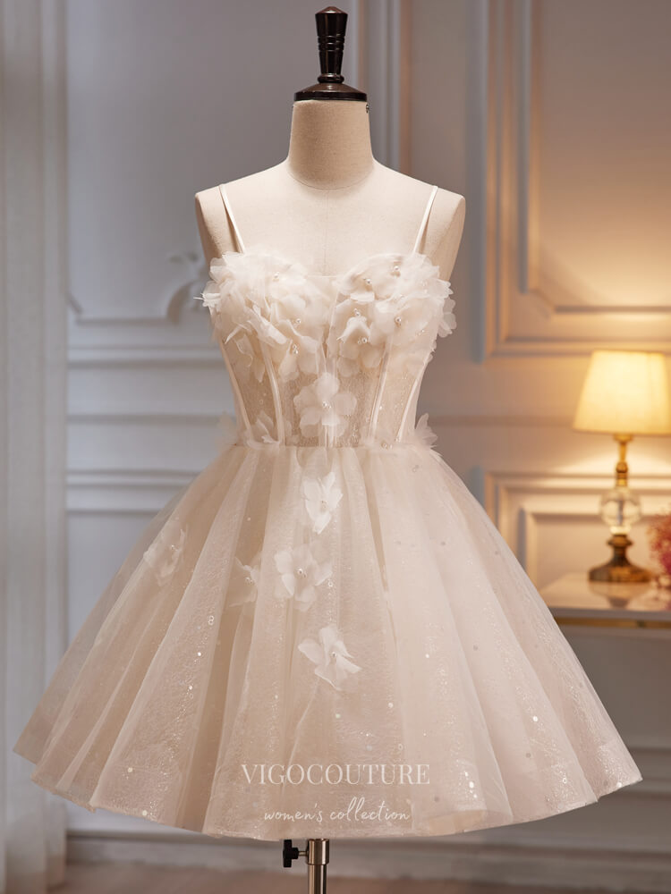 Champagne 3D Flower Hoco Dresses Sparkly Spaghetti Strap Graduation Dr vigocouture Champagne 3D Flower Hoco Dresses Sparkly Spaghetti Strap Graduation Dr vigocouture