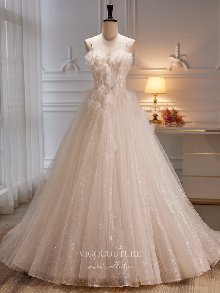 Champagne 3D Flower Prom Dresses Sparkly Tulle Spaghetti Strap Formal Gown 22176 - Champagne / 20W Champagne 3D Flower Prom Dresses Sparkly Tulle Spaghetti Strap Formal Gown 22176 - Champagne / 20W