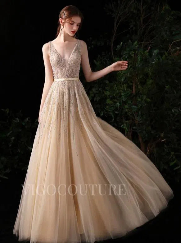 Champagne A-line Beaded Prom Dresses 20146 vigocouture Champagne A-line Beaded Prom Dresses 20146 vigocouture