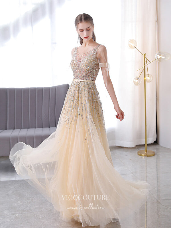 Champagne Beaded Prom Dresses A-Line Formal Dresses 21509 Champagne / Custom Size Champagne Beaded Prom Dresses A-Line Formal Dresses 21509 Champagne / Custom Size