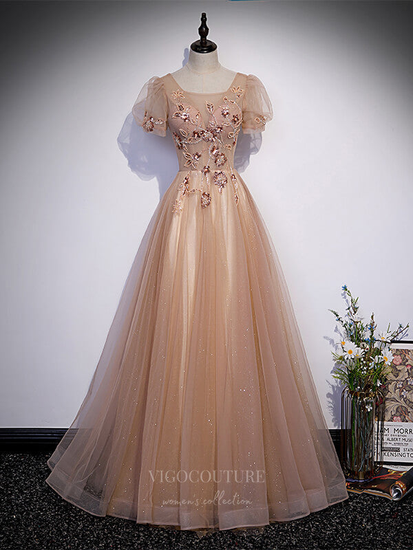 Champagne Beaded Tulle Puffed Sleeve Prom Dress 20885 vigocouture Champagne Beaded Tulle Puffed Sleeve Prom Dress 20885 vigocouture
