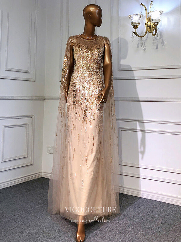Champagne Cape Sleeve Formal Dresses Beaded Evening Dresses 21522 vigocouture Champagne Cape Sleeve Formal Dresses Beaded Evening Dresses 21522 vigocouture