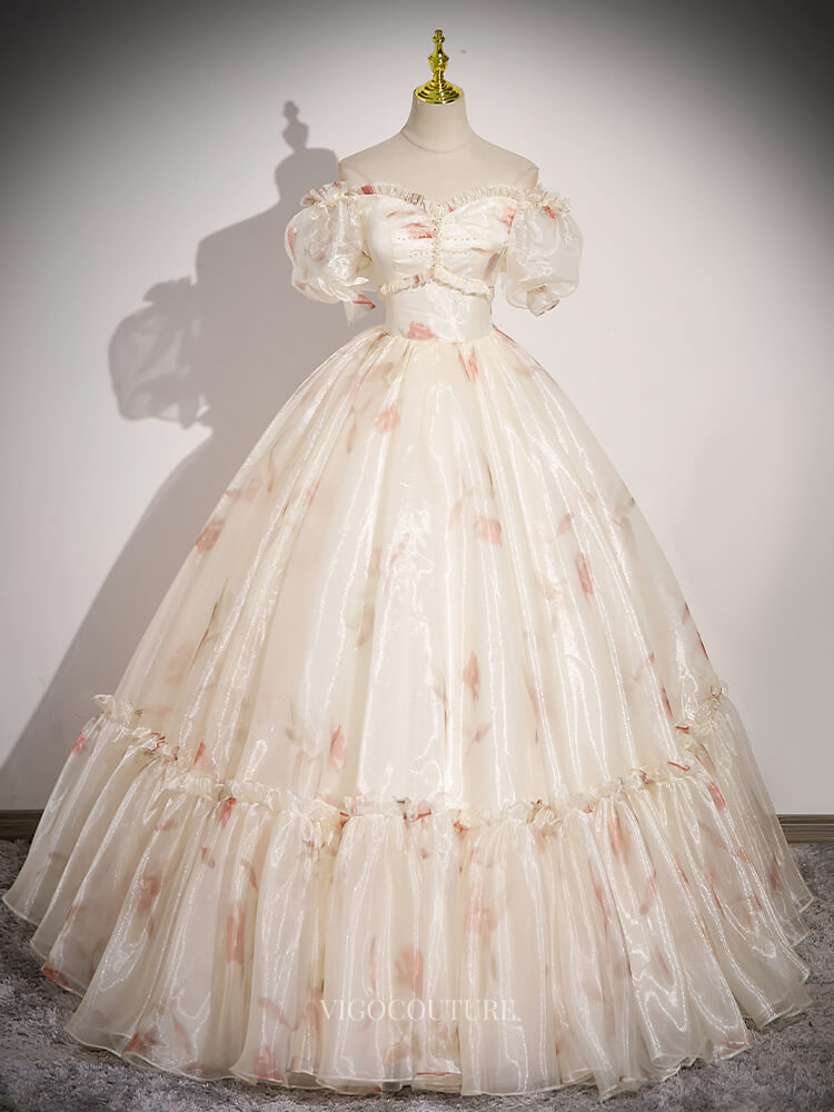 Champagne Floral Organza Prom Dresses with Puffed Sleeve, Off The Shoulder, Quinceanera Dresses BG048 Champagne / US14 Champagne Floral Organza Prom Dresses with Puffed Sleeve, Off The Shoulder, Quinceanera Dresses BG048 Champagne / US14