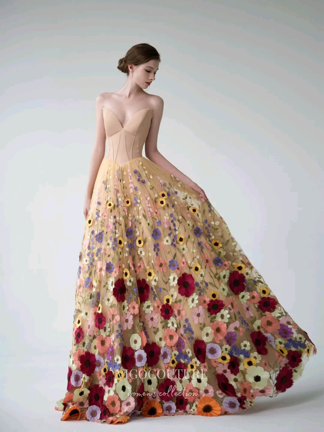 Champagne Floral Prom Dresses Strapless Formal Dress 22043 Champagne / US10 Champagne Floral Prom Dresses Strapless Formal Dress 22043 Champagne / US10