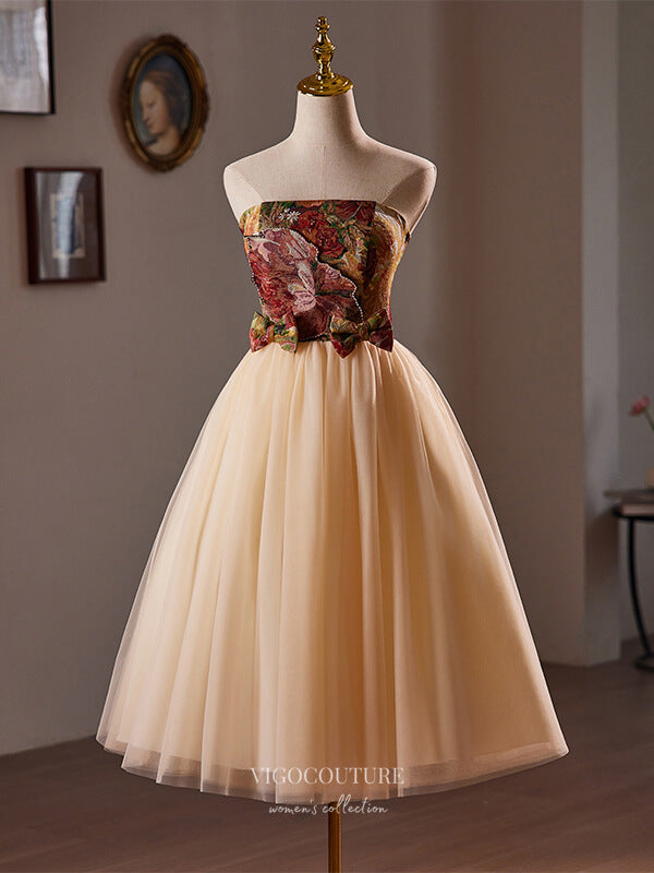 Champagne Jacquard Satin Homecoming Dress Strapless Bow-Tie Graduation Dress hc342 Custom Colors / 26W Champagne Jacquard Satin Homecoming Dress Strapless Bow-Tie Graduation Dress hc342 Custom Colors / 26W