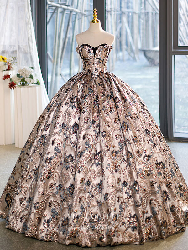 Champagne Jacquard Satin Prom Dresses Strapless Quinceanera Dress 2235 vigocouture Champagne Jacquard Satin Prom Dresses Strapless Quinceanera Dress 2235 vigocouture