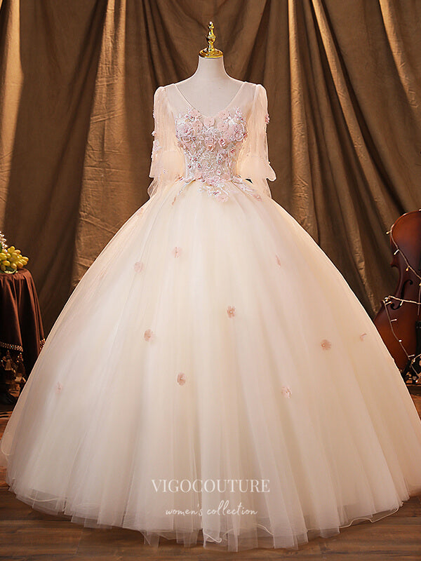 Champagne Lace Applique Quinceanera Dresses Long Sleeve Sweet 15 Dress vigocouture Champagne Lace Applique Quinceanera Dresses Long Sleeve Sweet 15 Dress vigocouture