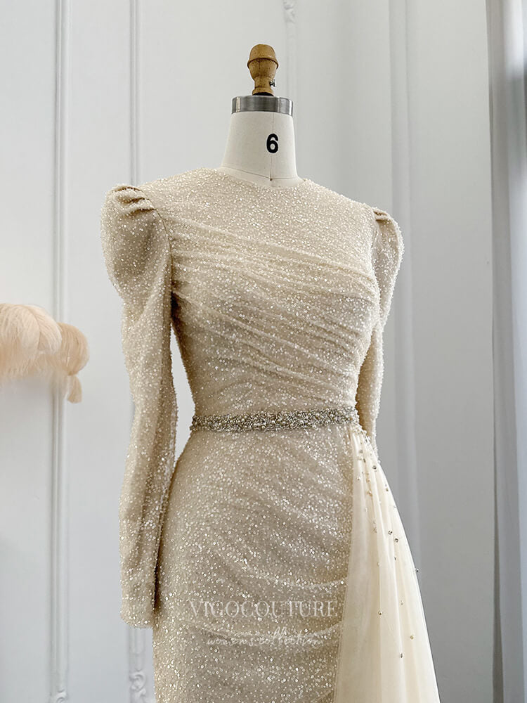 Prom Dress 2025 Champagne Long Sleeve Prom Dresses Overskirt 1920s Evening Dress 22157-unique elegant Prom Dresses-Champagne-US2-vigocouture