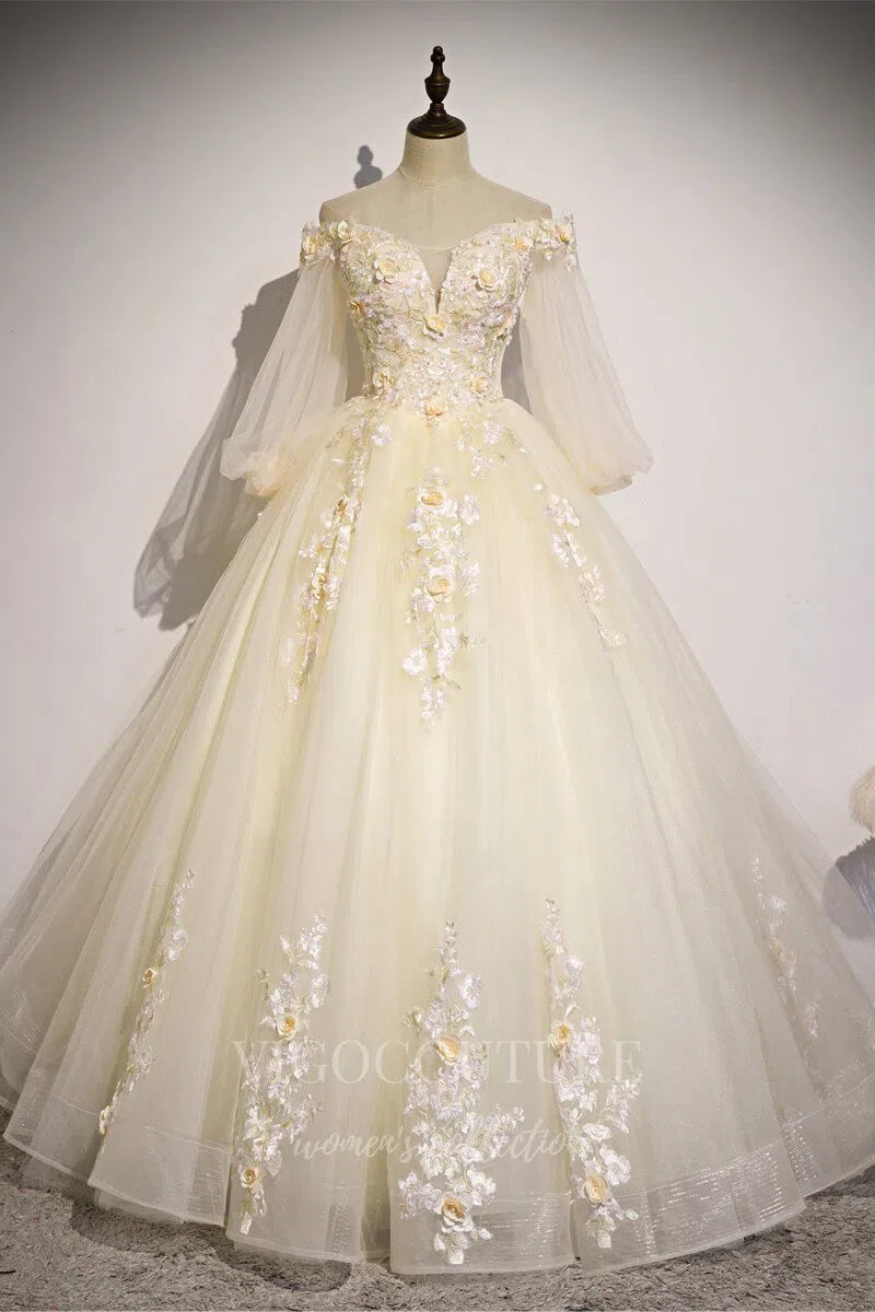 Champagne Long Sleeve Quinceañera Dresses Lace Applique Ball Gown 2046 –  vigocouture