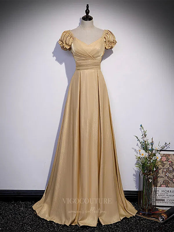 Champagne Puffed Sleeve Satin A-Line Prom Dress 20868 vigocouture Champagne Puffed Sleeve Satin A-Line Prom Dress 20868 vigocouture