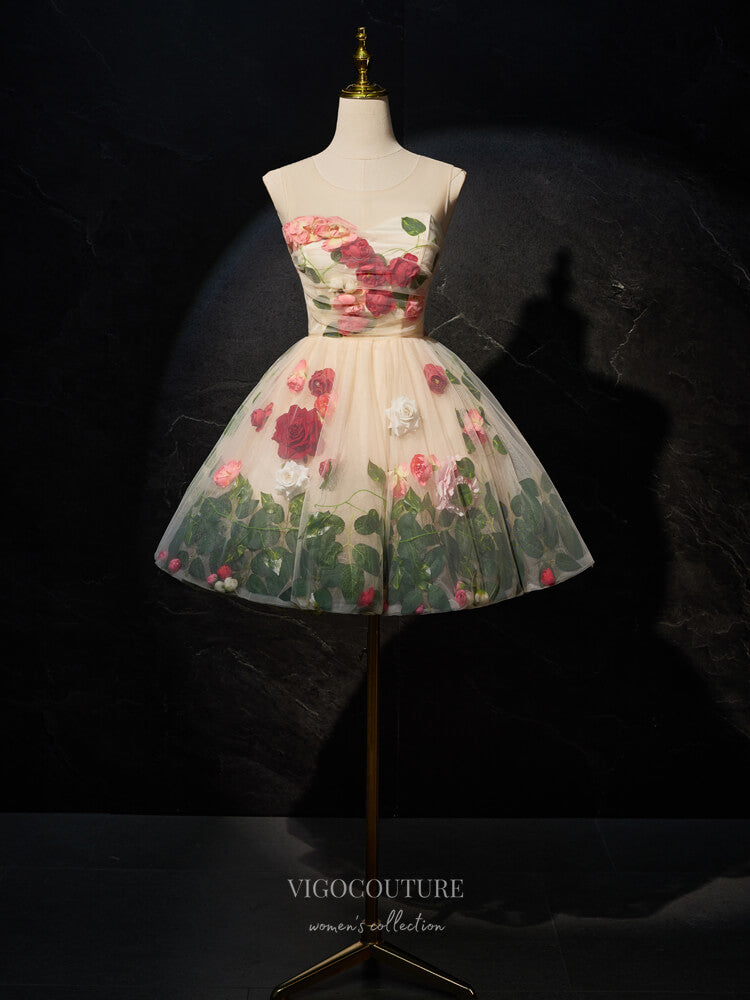 Champagne Rose Blossom Homecoming Dress Floral Short Prom Dress hc304 vigocouture Champagne Rose Blossom Homecoming Dress Floral Short Prom Dress hc304 vigocouture