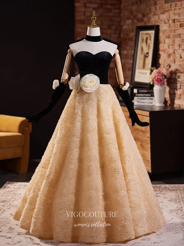 Champagne Rosette Sweetheart Prom Dresses Bow-Tie Ruffled Quinceanera vigocouture Champagne Rosette Sweetheart Prom Dresses Bow-Tie Ruffled Quinceanera vigocouture