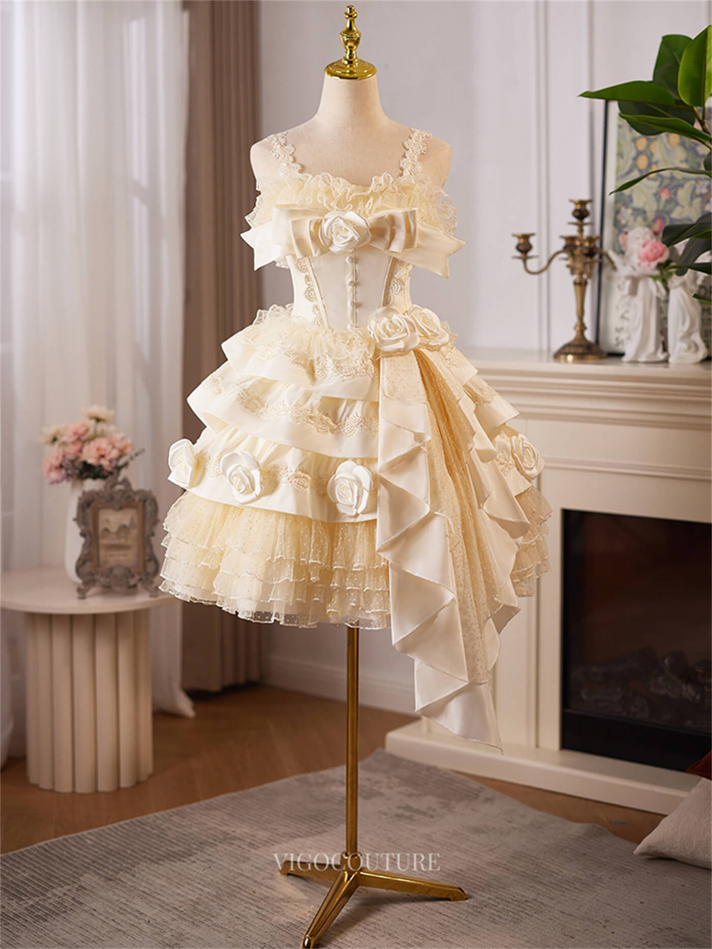 Champagne Ruffled 3D Flower Homecoming Dresses Lace Spaghetti Strap Short Prom Dress hc468 - Champagne / US8 Champagne Ruffled 3D Flower Homecoming Dresses Lace Spaghetti Strap Short Prom Dress hc468 - Champagne / US8