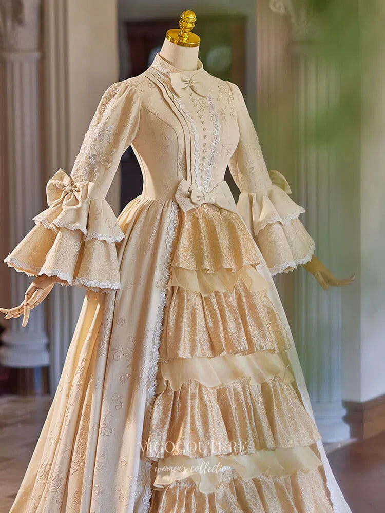 Prom Dress 2025 Champagne Ruffled Tiered Bow-Tie Vintage Princess Dress Long Puffed Sleeve Quinceanera Dresses 25047-unique elegant Prom Dresses-Champagne-Custom Size-vigocouture