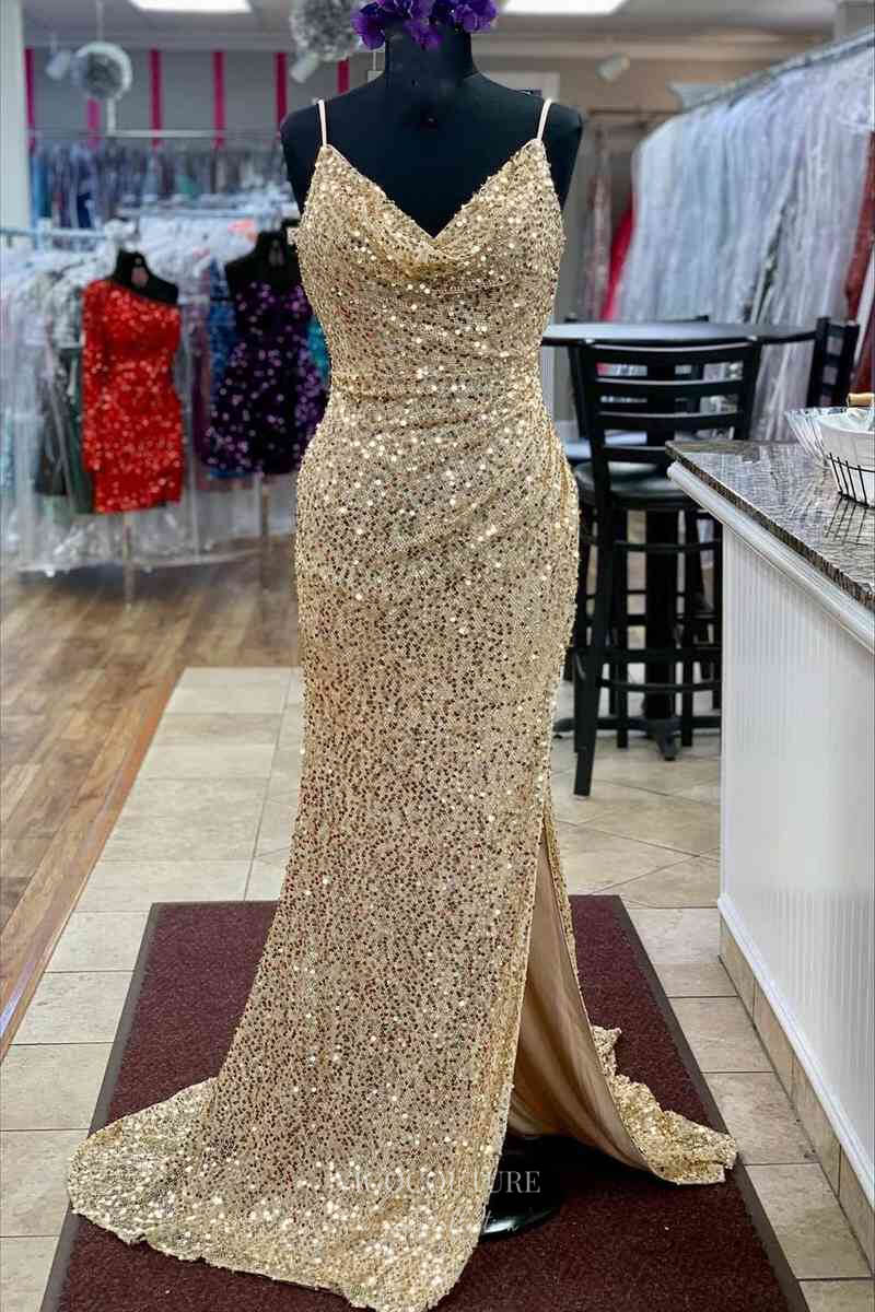 Champagne Sequin Mermaid Cheap Prom Dresses with Slit Spaghetti Strap – vigocouture Champagne Sequin Mermaid Cheap Prom Dresses with Slit Spaghetti Strap – vigocouture