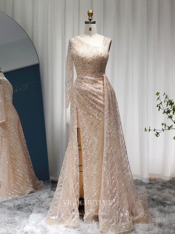 Champagne Sequin Prom Dresses with Slit One Shoulder Overskirt Pageant Dress 22155 Champagne / US2 Champagne Sequin Prom Dresses with Slit One Shoulder Overskirt Pageant Dress 22155 Champagne / US2