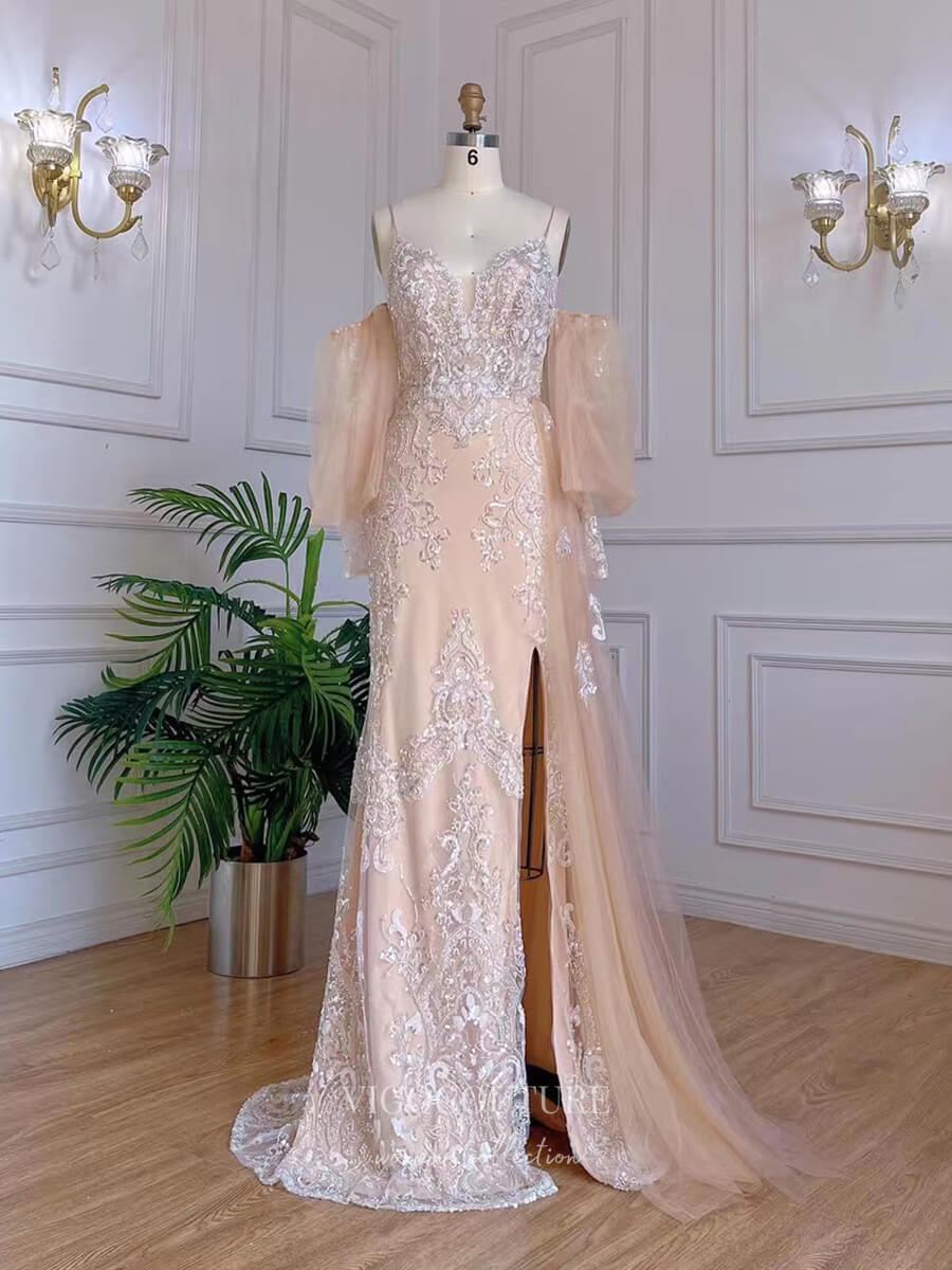 Champagne Sheath Prom Dresses with Slit Lace Applique Evening Dress 22 vigocouture Champagne Sheath Prom Dresses with Slit Lace Applique Evening Dress 22 vigocouture