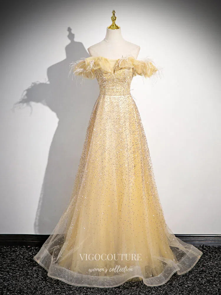 Champagne Sparkly Tulle Prom Dresses 2025 Off the Shoulder Feathers Evening Dress 25072 Champagne / US16 Champagne Sparkly Tulle Prom Dresses 2025 Off the Shoulder Feathers Evening Dress 25072 Champagne / US16