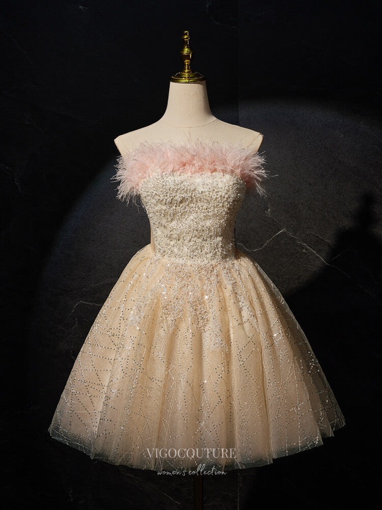 Champagne Strapless Feather Homecoming Dress Beaded Sequin Graduation Dress hc308 Champagne / US4 Champagne Strapless Feather Homecoming Dress Beaded Sequin Graduation Dress hc308 Champagne / US4