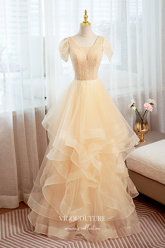 Champagne Tiered V-Neck Formal Dress Short Sleeve Prom Dresses 21637 Champagne / US12 Champagne Tiered V-Neck Formal Dress Short Sleeve Prom Dresses 21637 Champagne / US12