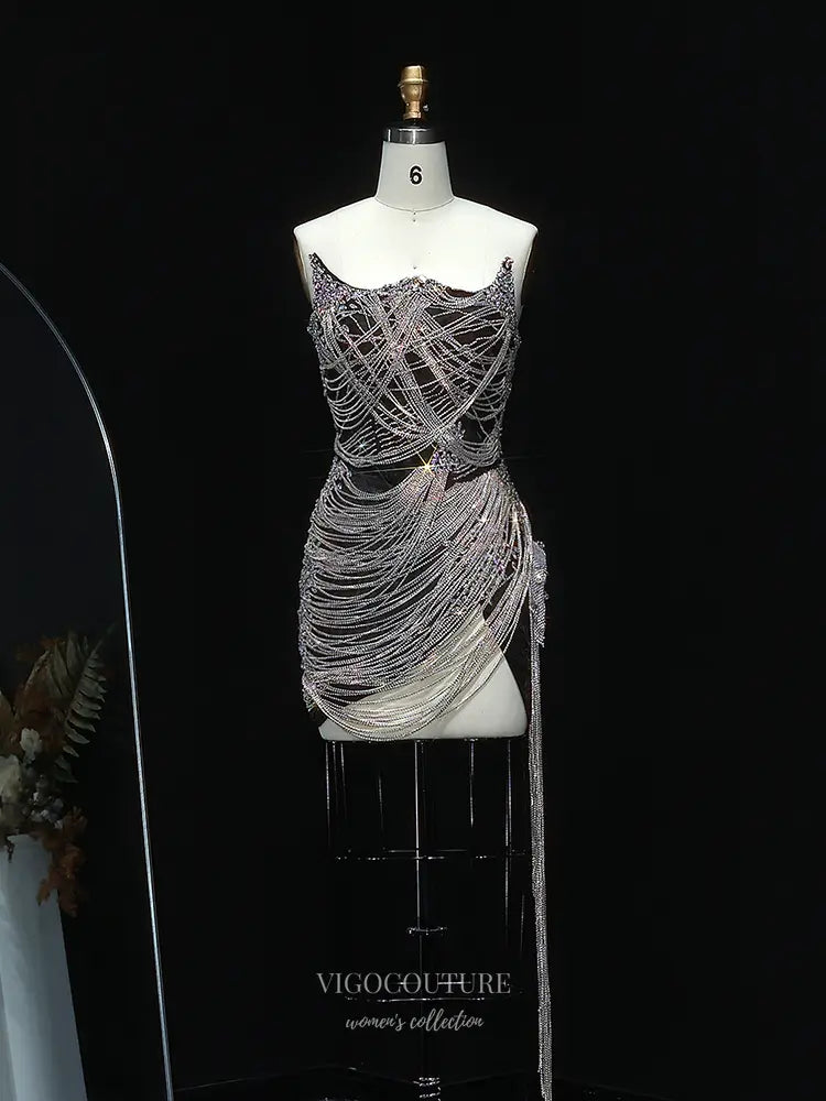 Crystal Fringe Corset Mini Dress with Rhinestones Style 25339 Silver / 12 Crystal Fringe Corset Mini Dress with Rhinestones Style 25339 Silver / 12