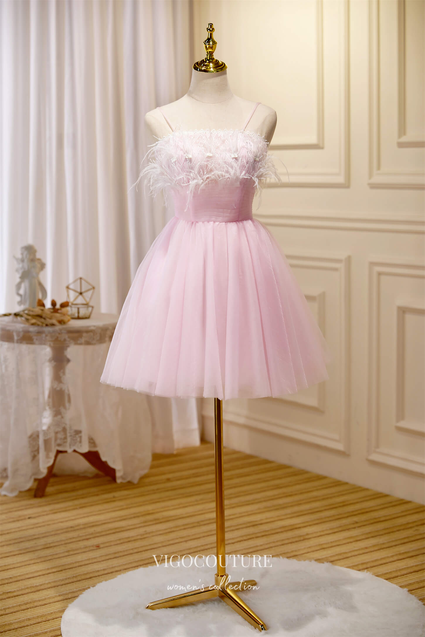 Cute Feather Hoco Dresses Spaghetti Strap Homecoming Dresses hc230 vigocouture Cute Feather Hoco Dresses Spaghetti Strap Homecoming Dresses hc230 vigocouture