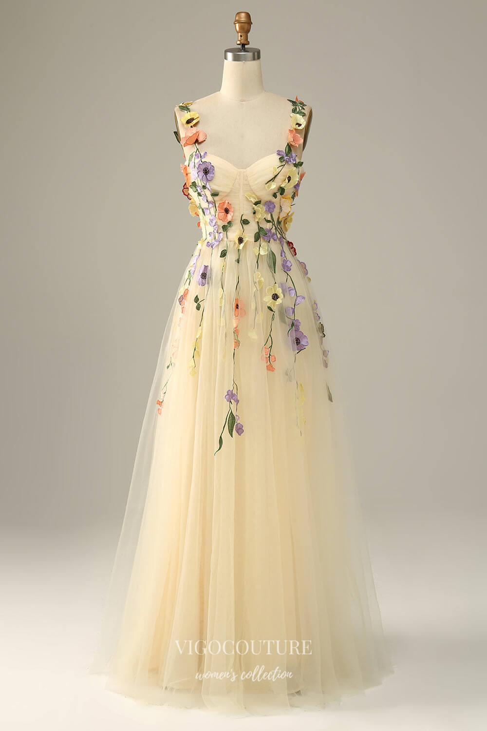 Cute Floral Lace Tulle Prom Dress with Spaghetti Straps & Sweetheart N – vigocouture