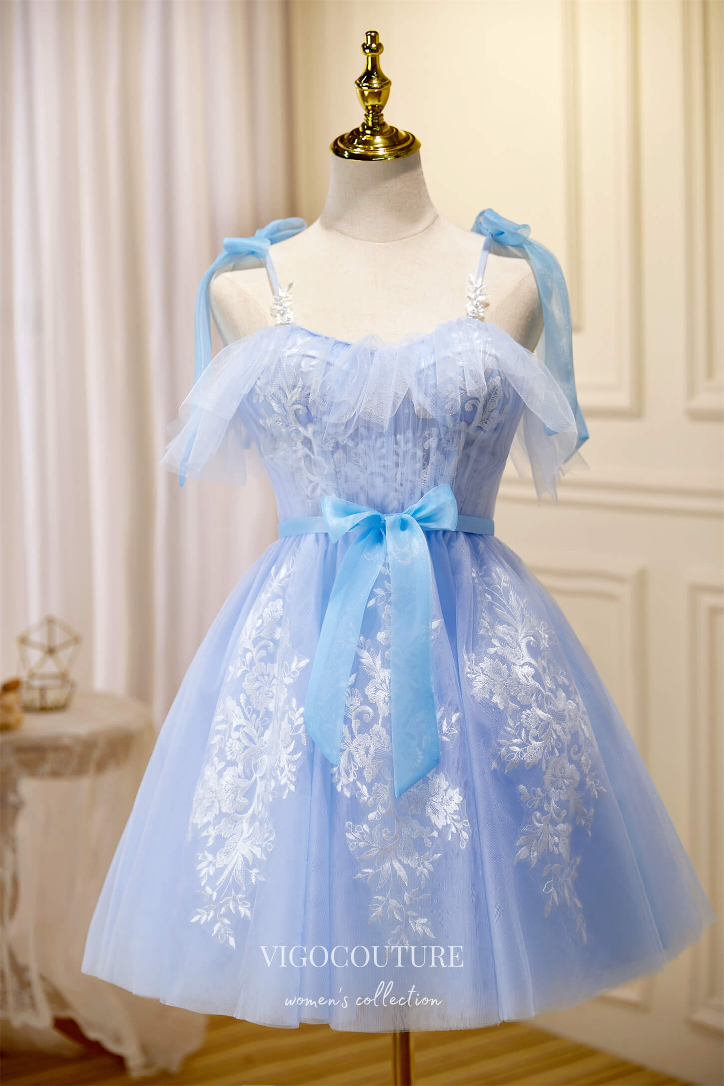Cute Lace Applique Hoco Dresses Spaghetti Strap Homecoming Dresses hc235 Light Blue / US4 Cute Lace Applique Hoco Dresses Spaghetti Strap Homecoming Dresses hc235 Light Blue / US4