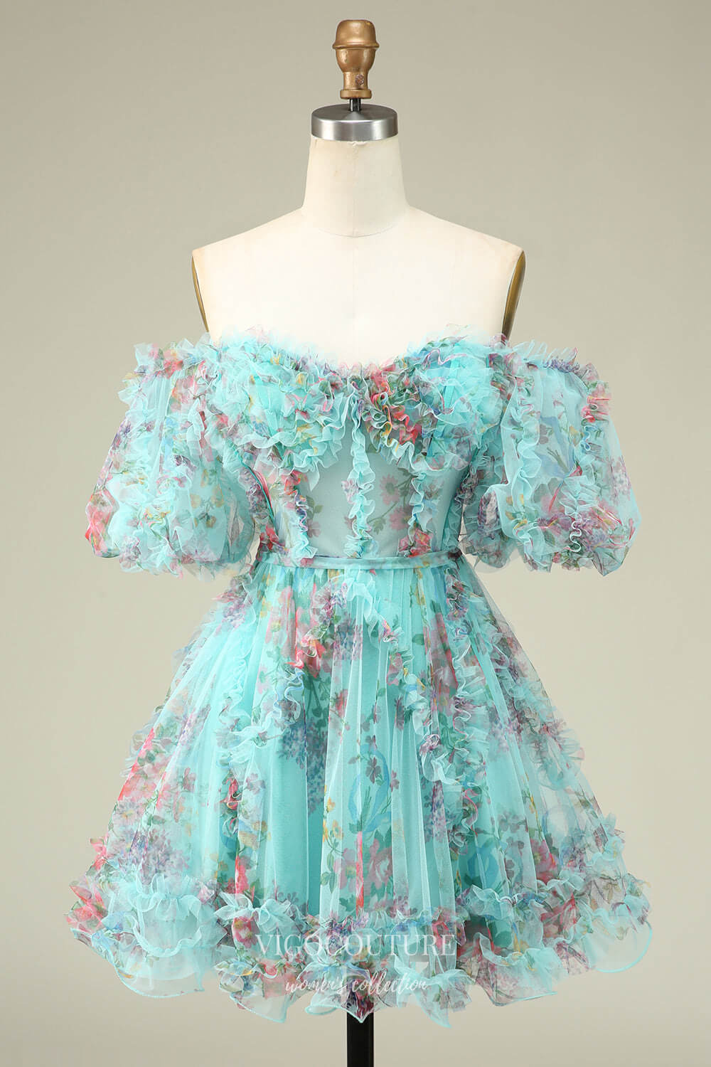 Cute Tiered Ruffled Floral Homecoming Dresses Puffed Sleeve Back to Sc vigocouture Cute Tiered Ruffled Floral Homecoming Dresses Puffed Sleeve Back to Sc vigocouture