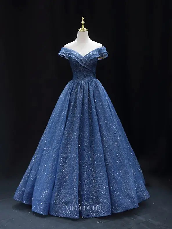 Dark Blue Sparkly Tulle Prom Dresses Off the Shoulder Quinceanera Dres vigocouture Dark Blue Sparkly Tulle Prom Dresses Off the Shoulder Quinceanera Dres vigocouture