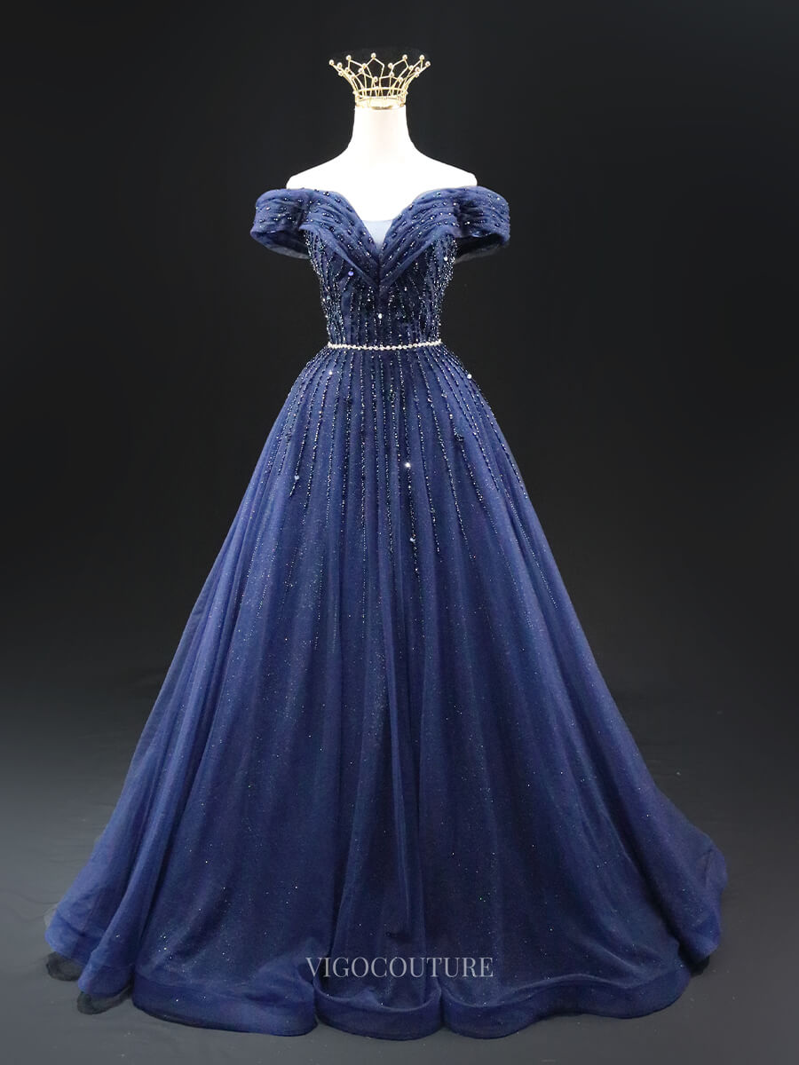 Dark Blue Sparkly Tulle Prom Dresses with Beaded Lace, Off the Shoulde vigocouture Dark Blue Sparkly Tulle Prom Dresses with Beaded Lace, Off the Shoulde vigocouture