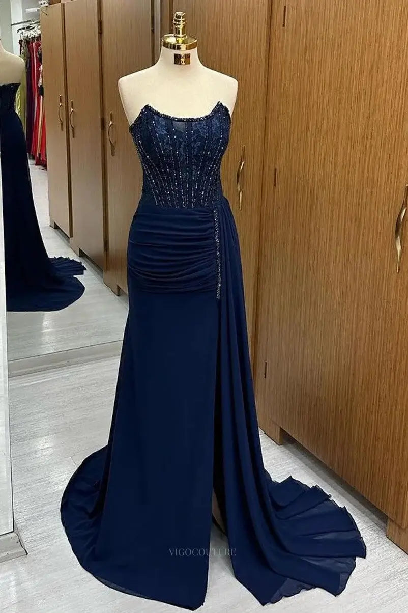Dark Blue Strapless Chiffon Prom Dresses 2025 with Slit & Beaded Bodic