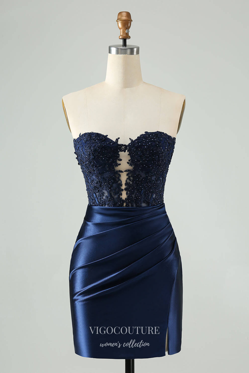 Dark Blue Strapless Homecoming Dresses Lace Applique Satin Bodycon Dre vigocouture Dark Blue Strapless Homecoming Dresses Lace Applique Satin Bodycon Dre vigocouture