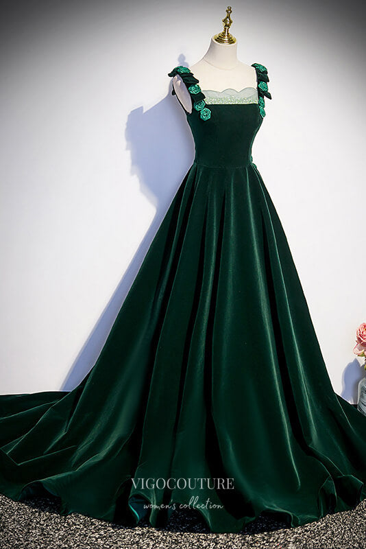 Dark Green Velvet Prom Dress with 3D Floral Spaghetti Strap 22266 Green / US2 Dark Green Velvet Prom Dress with 3D Floral Spaghetti Strap 22266 Green / US2