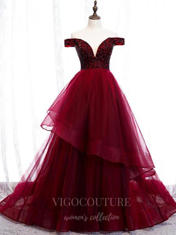 Burgundy Tulle Long A-Line Prom Dresses, Off The Shoulder Evening Dresses US 12 / Custom Color Burgundy Tulle Long A-Line Prom Dresses, Off The Shoulder Evening Dresses US 12 / Custom Color