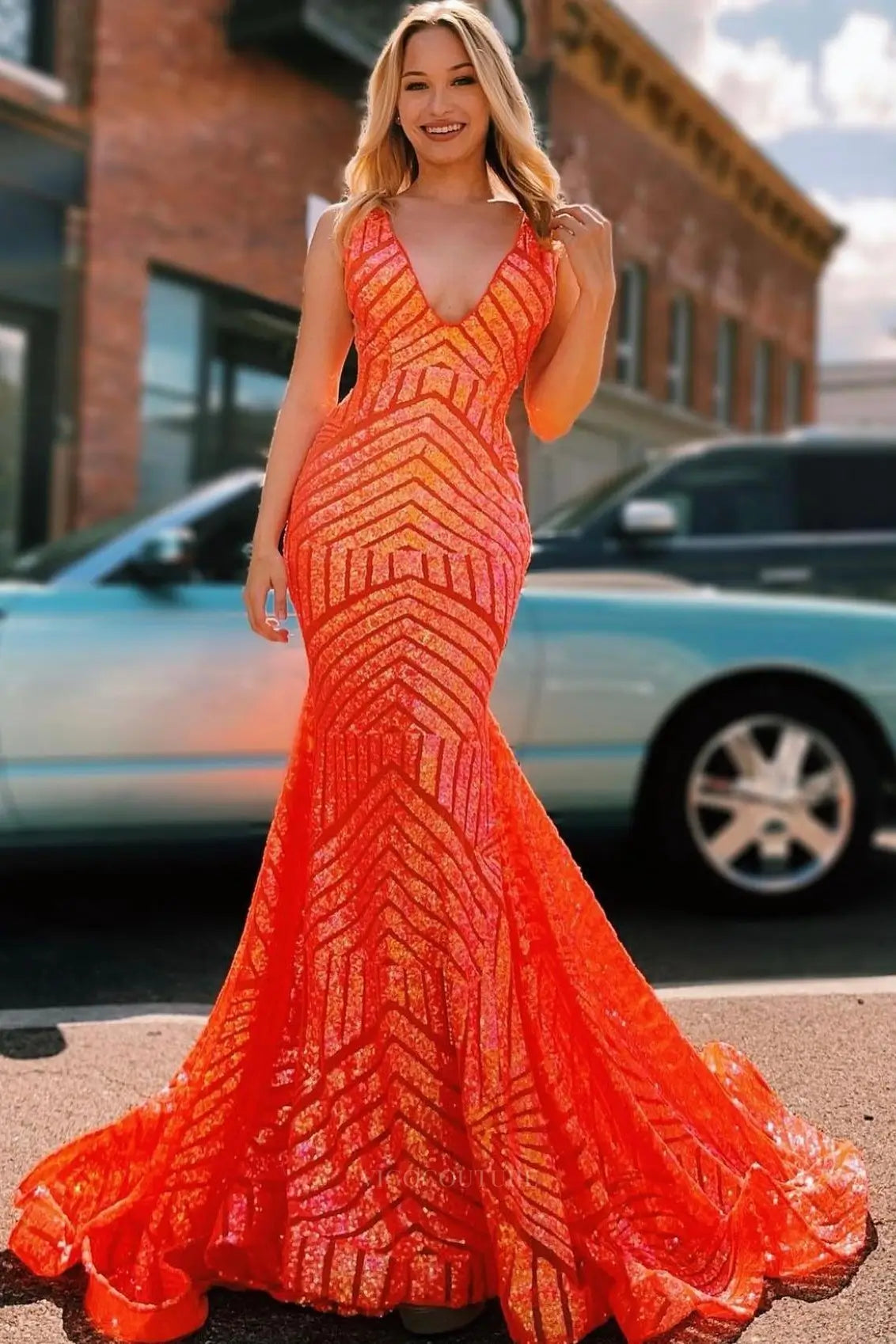 Prom Dresses 2025 to impress Deep V-Neck Sequin Mermaid Prom Dress with Geometric Glitter Pattern & Open Back – 26101-vigocouture-Orange-US 0-vigocouture