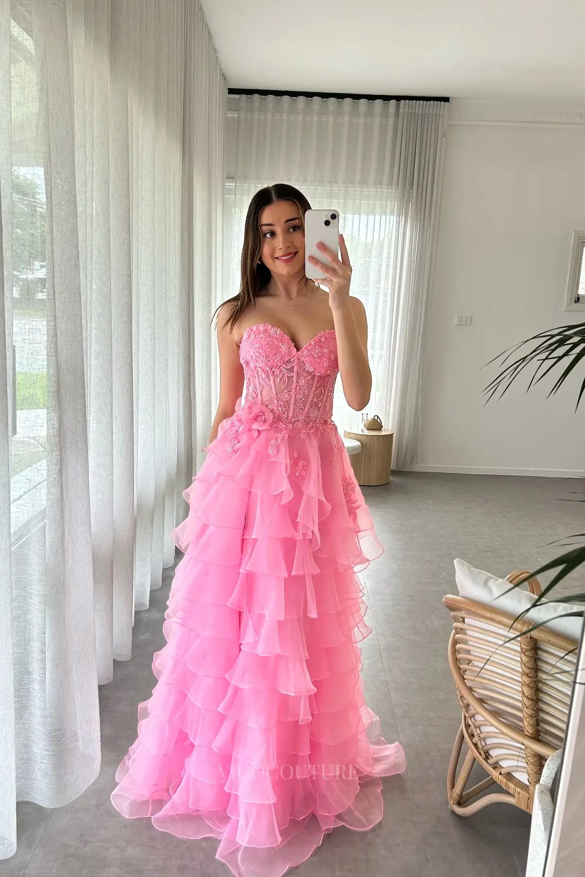 Prom Dresses 2025 to impress Dreamy Pink Tiered Ruffle Prom Dress with Sheer Sweetheart Corset and 3D Rosette – 26165-vigocouture-vigocouture