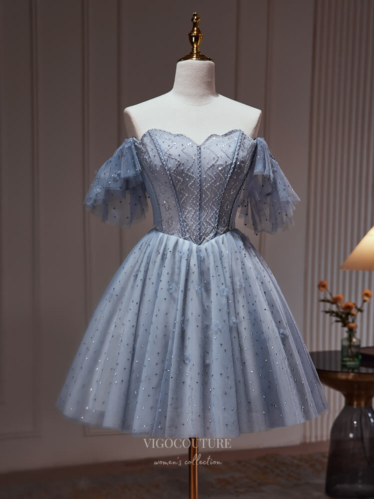 Dusty Blue Beaded Lace Homecoming Dress Off the Shoulder Graduation Dr vigocouture Dusty Blue Beaded Lace Homecoming Dress Off the Shoulder Graduation Dr vigocouture
