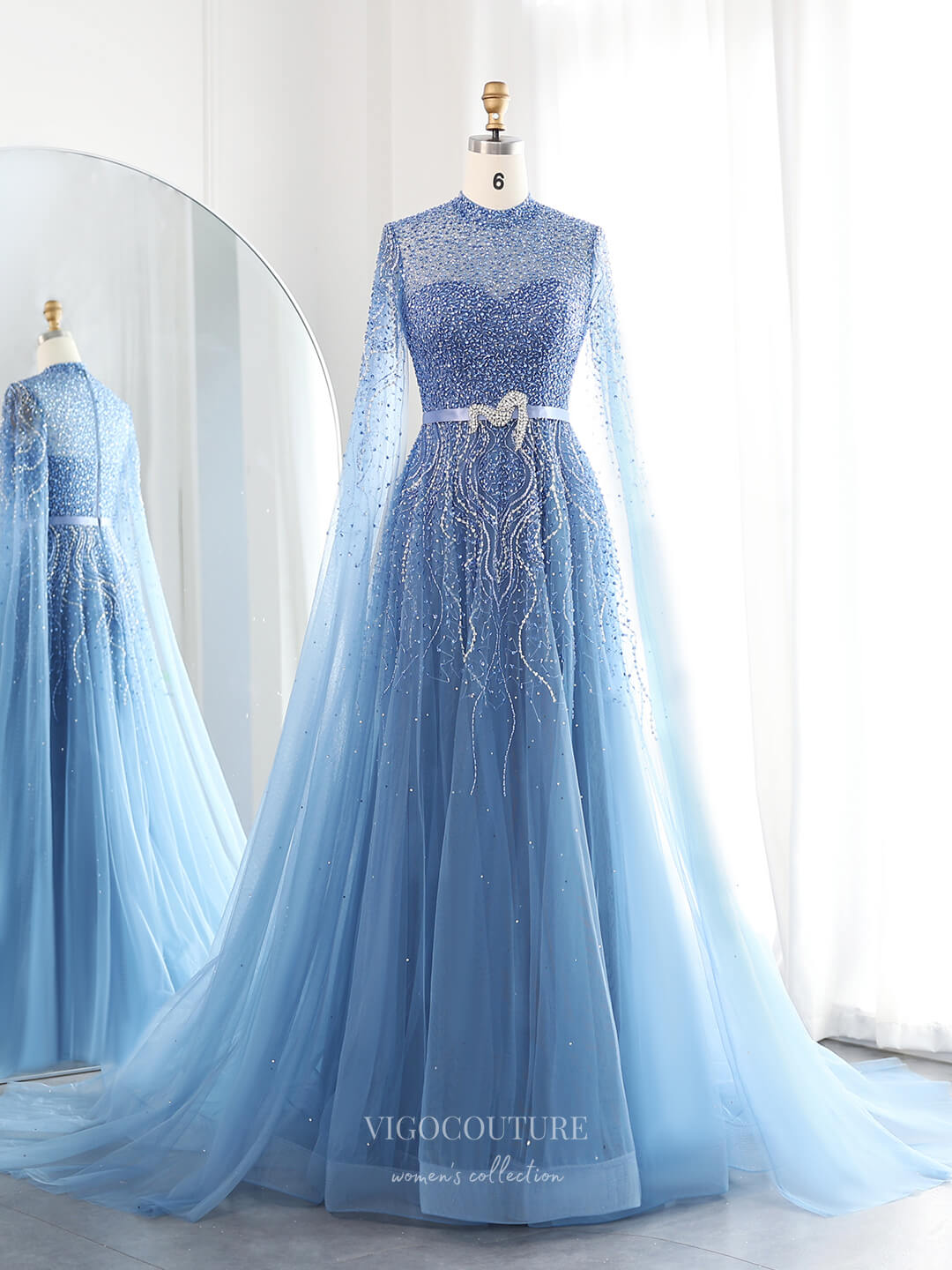 Dusty Blue Beaded Prom Dresses Extra Long Sleeve Pageant Dress 24433 vigocouture Dusty Blue Beaded Prom Dresses Extra Long Sleeve Pageant Dress 24433 vigocouture