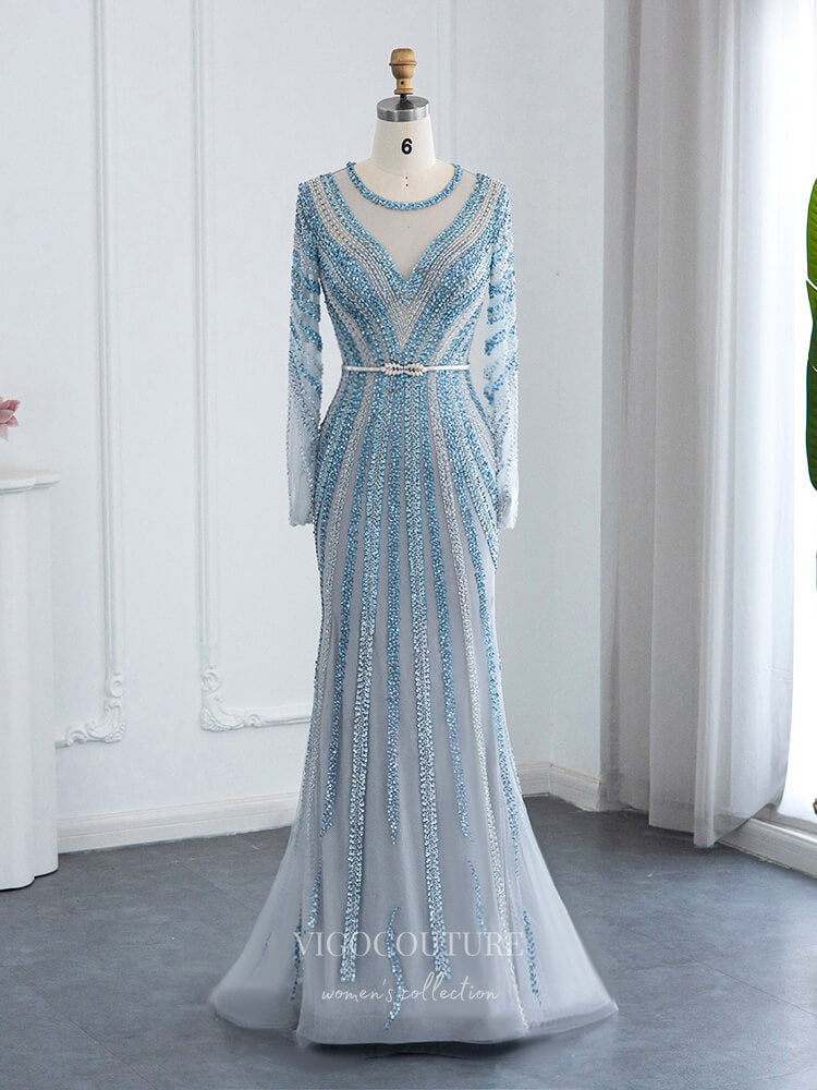 Dusty Blue Beaded Prom Dresses Long Sleeve 1920s Pageant Dress 22162 Dusty Blue / US10 Dusty Blue Beaded Prom Dresses Long Sleeve 1920s Pageant Dress 22162 Dusty Blue / US10