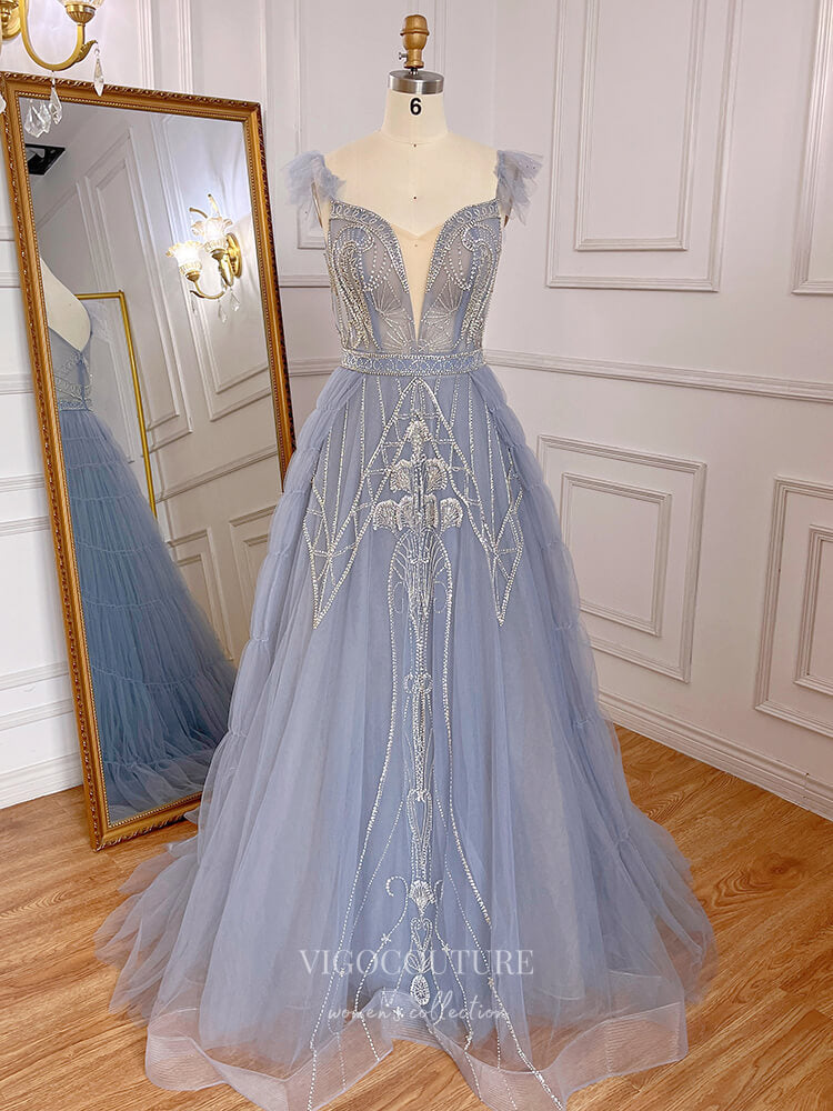 Dusty Blue Beaded Prom Dresses Plunging V-Neck Evening Dresses 22105 Dusty Blue / US4 Dusty Blue Beaded Prom Dresses Plunging V-Neck Evening Dresses 22105 Dusty Blue / US4