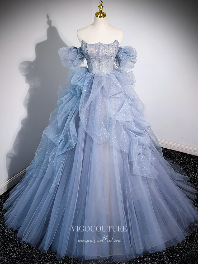 Dusty Blue Beaded Tulle Ruffled Prom Dresses Removable Puffed Sleeve Formal Gown 24414 Custom Colors / US10 Dusty Blue Beaded Tulle Ruffled Prom Dresses Removable Puffed Sleeve Formal Gown 24414 Custom Colors / US10