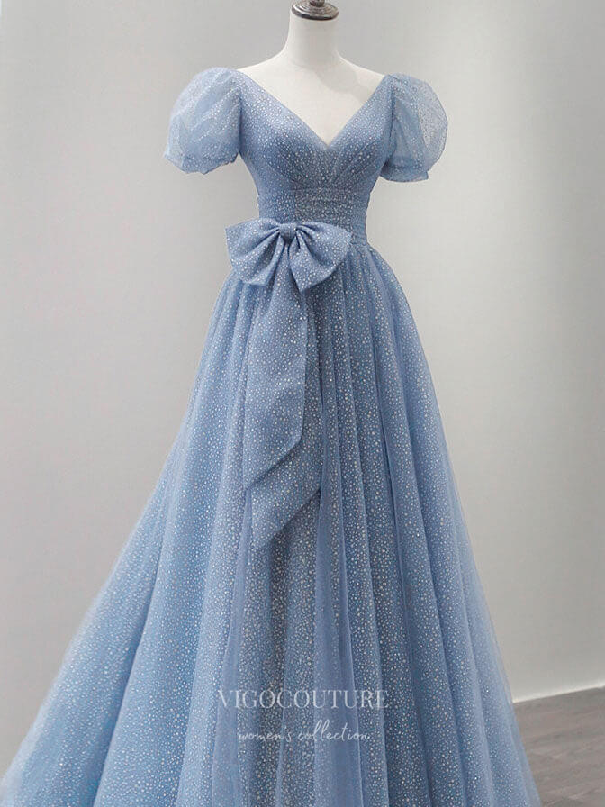 Dusty Blue Dotted Tulle Prom Dresses Puffed Sleeve Formal Dress 21835 Dusty Blue / 16W Dusty Blue Dotted Tulle Prom Dresses Puffed Sleeve Formal Dress 21835 Dusty Blue / 16W